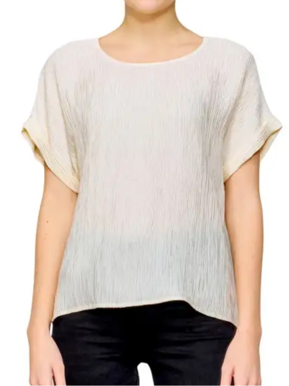 MELLODAY Cuffed Short Sleeve Plisse Blouse Top
